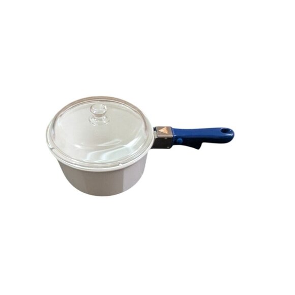 Princess House Nouveau White 2 Quart Saucepan With Glass Lid & Blue Removable Ha - Picture 1 of 7